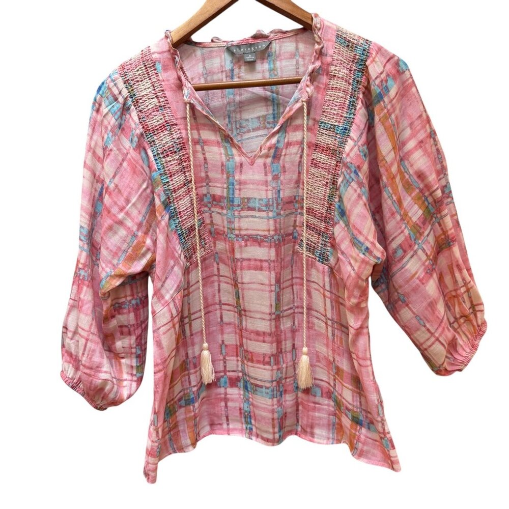 Sharagano Peasant Blouse‎ Top Pink Plaid Boho Smocked 3/4 Sleeve Cottage Size SM